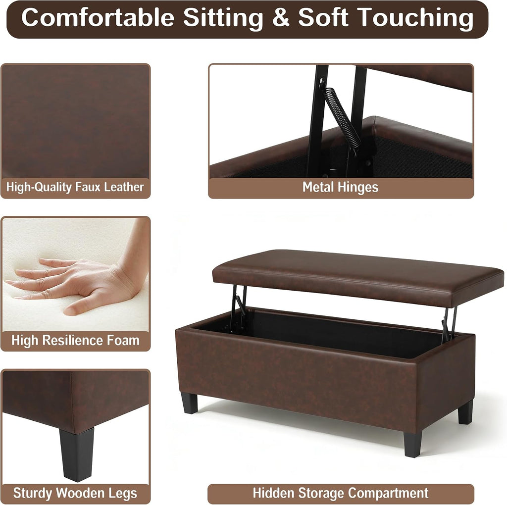 Homebeez 42 Inch Faux Leather Storage Ottoman Bench with Lift Top, Modern Rectangular Foot Rest for Living Room, Bedroom, Entryway, End of Bed, Blackened Red