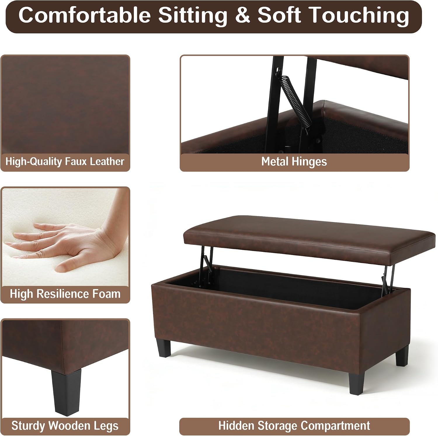 Homebeez 42 Inch Faux Leather Storage Ottoman Bench with Lift Top, Modern Rectangular Foot Rest for Living Room, Bedroom, Entryway, End of Bed, Blackened Red