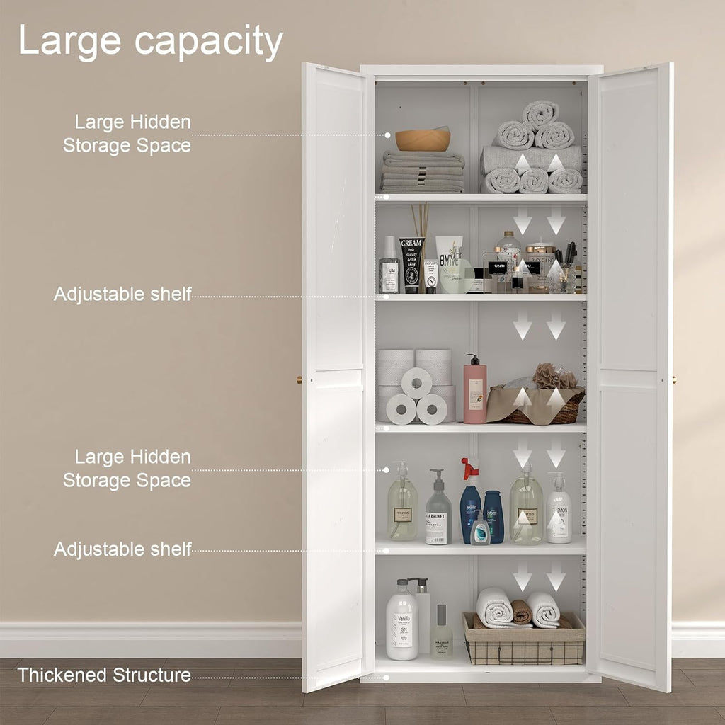 Pantry Storage Cabinet, Metal Pantry Cabinet with Adjustable Shelves,Cupboard,Tall Storage Cabinets for Kitchen, Living Room, Dining Room and Office, White