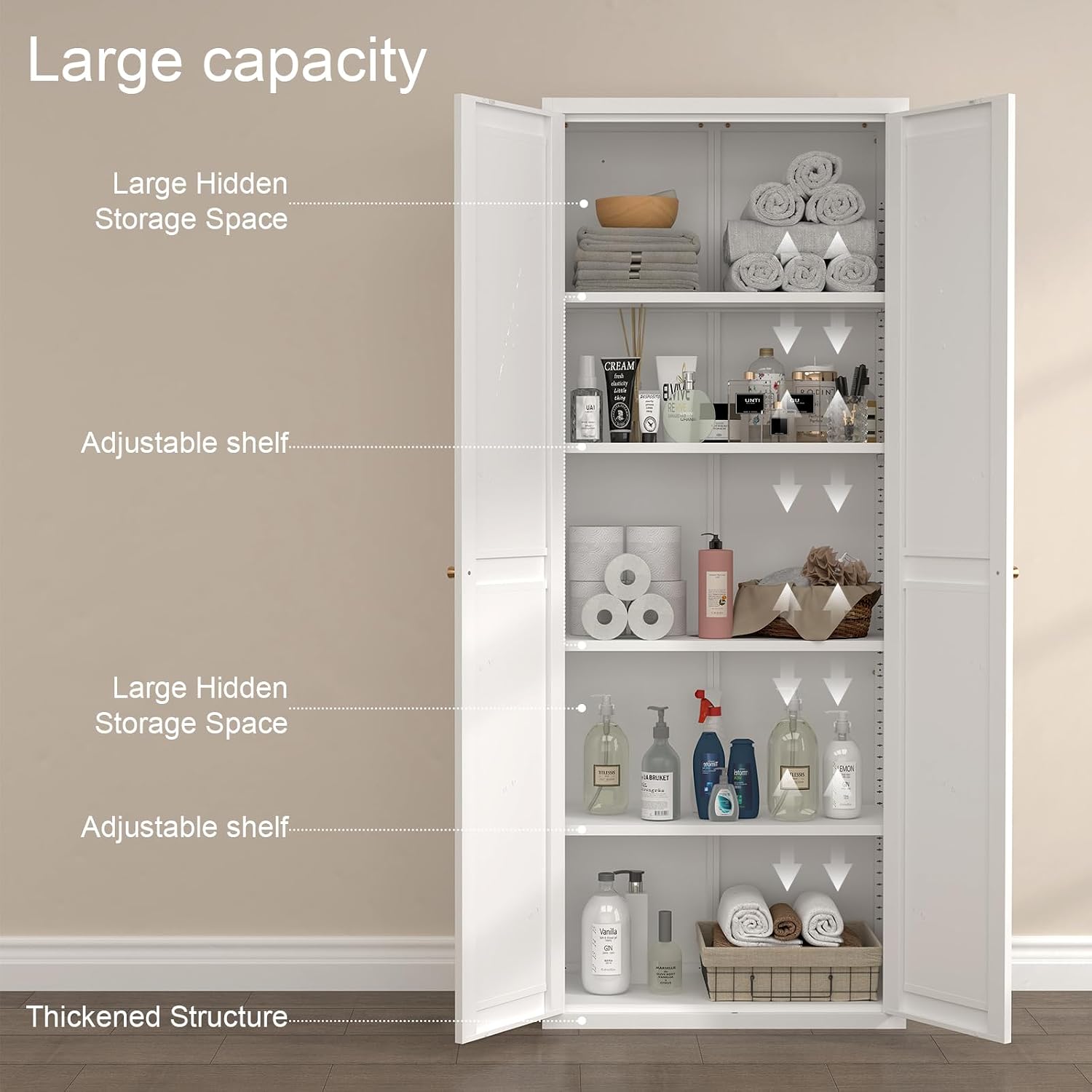 Pantry Storage Cabinet, Metal Pantry Cabinet with Adjustable Shelves,Cupboard,Tall Storage Cabinets for Kitchen, Living Room, Dining Room and Office, White