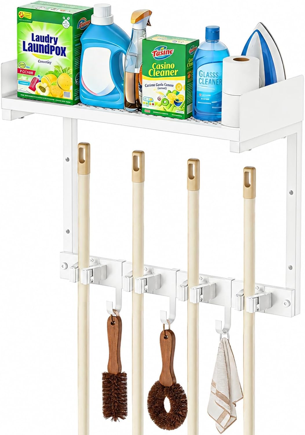 HUFAND Broom Holder Wall Mount, 15" Large Mop and Broom Organizer Wall Hanging with Top Storage Shelf, Heavy Duty Iron Utility Rack for Laundry Room, Garage, Kitchen, Garden - White