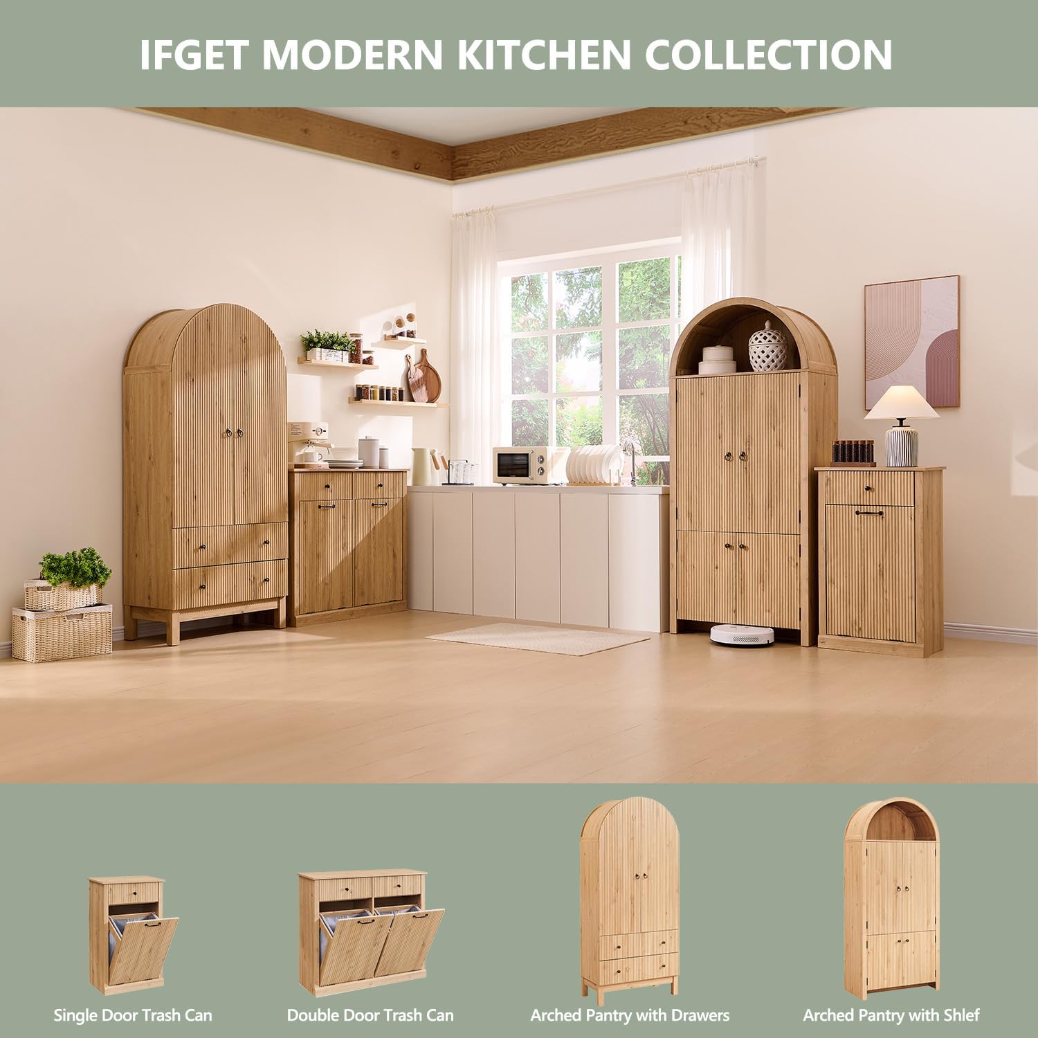 IFGET 71" Tall Arched Kitchen Pantry, Modern Fluted Wood Storage Cabinet with Doors, 3 Adjustable Shelves, 6 Door Shelves, Organizer, Versatile Cupboard for Kitchen, Bathroom, Natural
