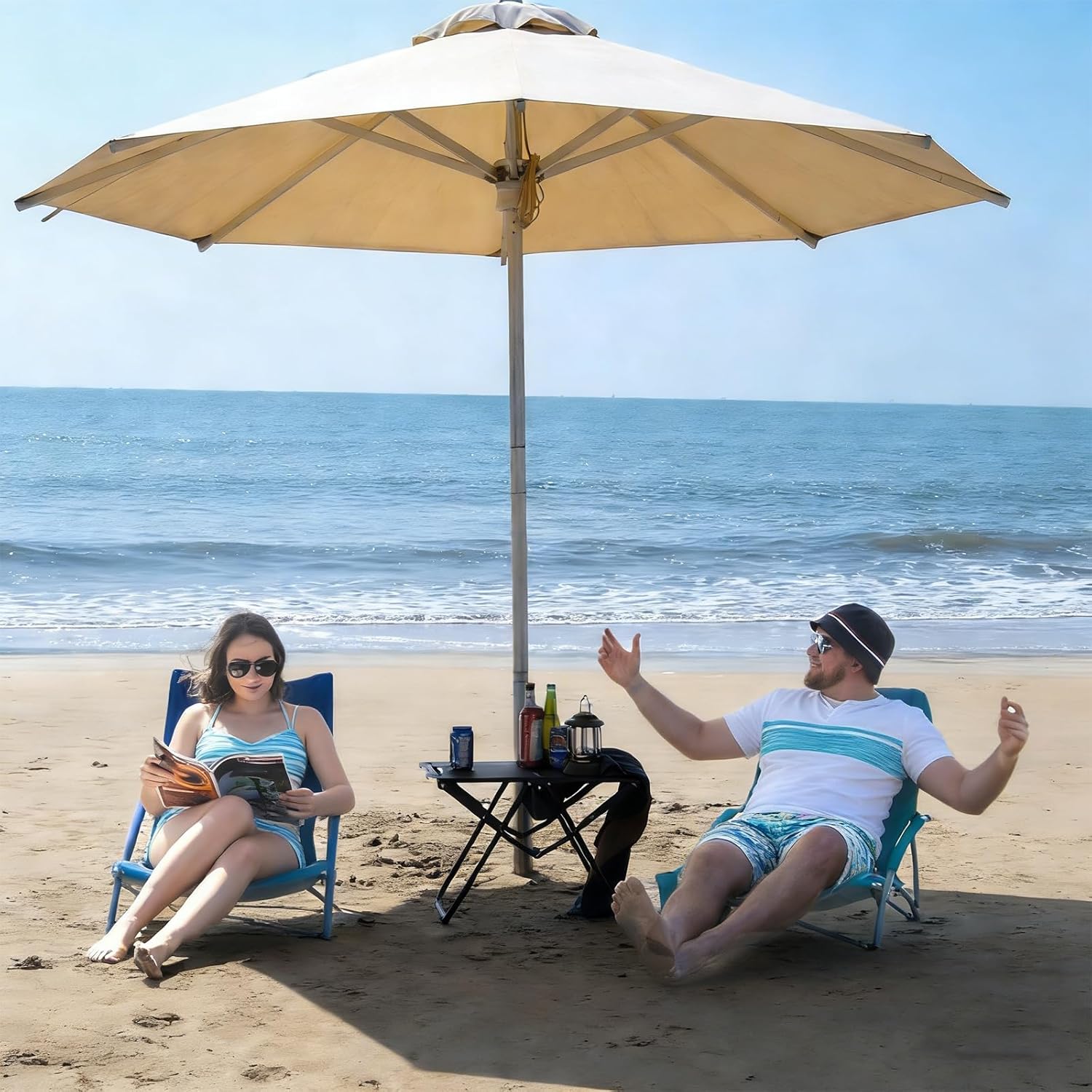 Romswi 2 Pack Lightweight Low Beach Chairs with Breathable Mesh Back, 6LBS Folding Portable Sand Chairs with Cup Holder, Heavy Duty 300lbs Capacity for Camping & Outdoor Use, Blue