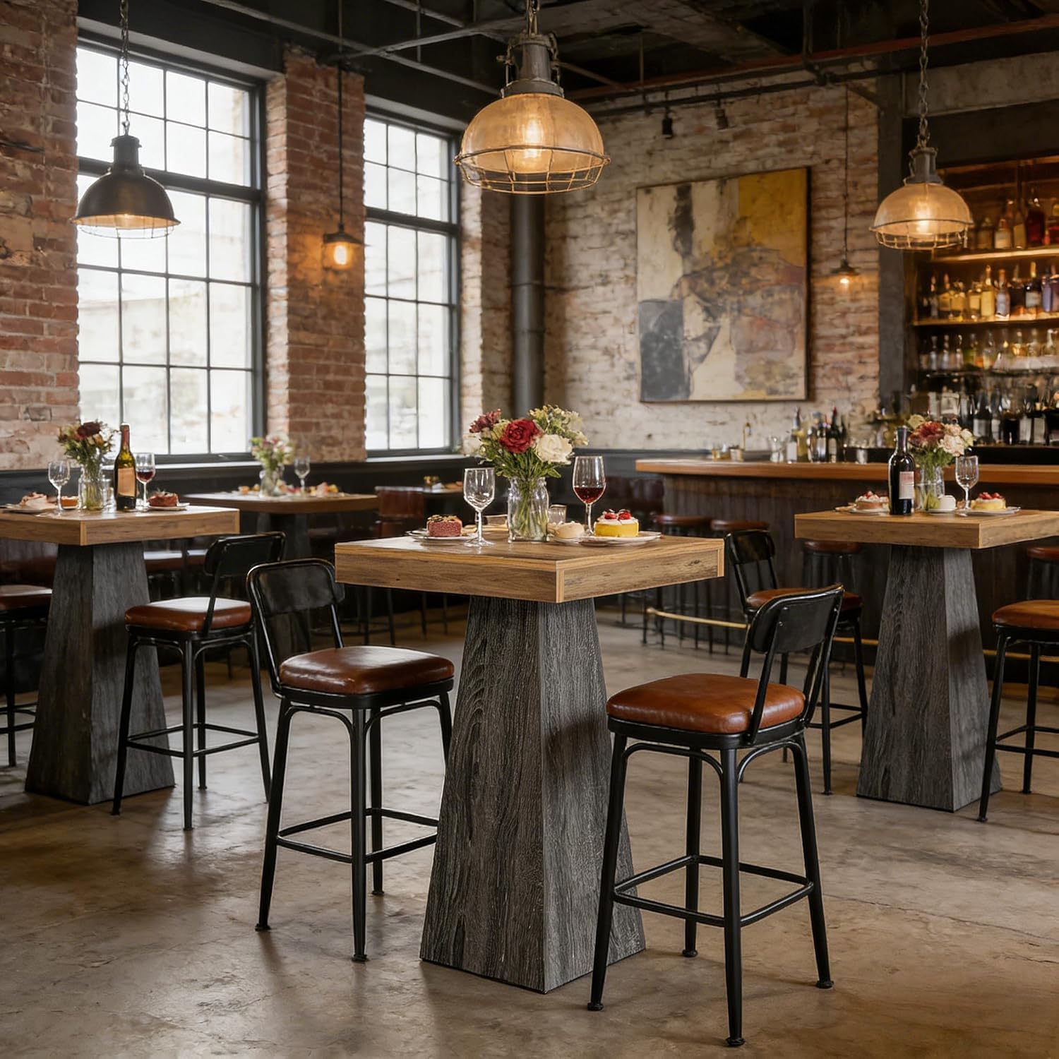 Tribesigns Square Bar Table, 39.37" H Industrial High Top Pub Table with Tapered Base, Wood Compact Bistro Table for Home Bar, Kitchen, Small Space, Brown & Gray