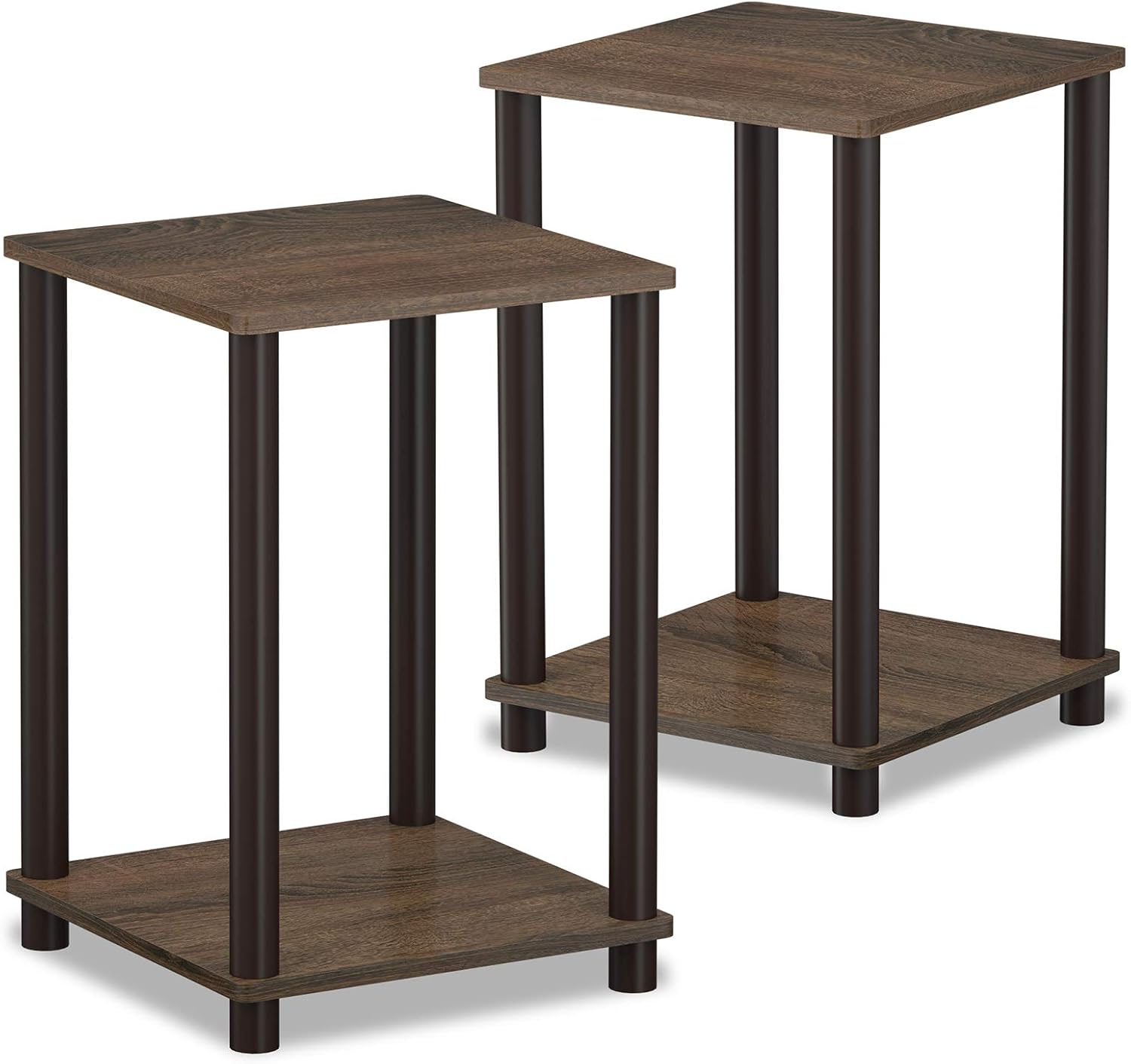 Furinno Turn-N-Tube Side Table Set of 2, 2-Tier Stackable Modern End Table with Open Shelf, Toolless Night Stand, Bedside Table, for Living Room, Bedroom, Black Walnut