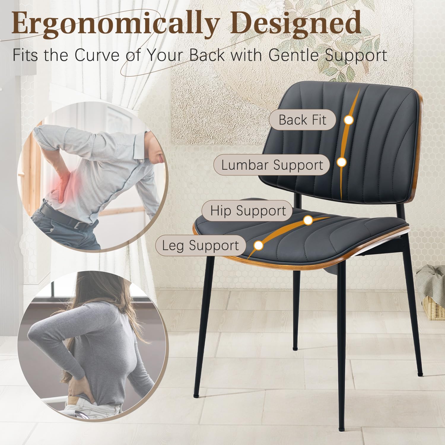 AVAWING Walnut Dining Chairs Set of 6, Mid Century Modern Dining Chairs PU Leather Upholstered Kitchen Chairs with Walnut Bentwood Back & Metal Legs for Dining Room, Kitchen, Living Room, Black