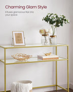 VASAGLE 39.4 Inch Console Sofa Table, Modern Entryway Table, Tempered Glass Table, Metal Frame, 2 Shelves, Adjustable Feet, for Living Room, Hallway, Gold Color ULGT025A01
