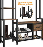 Hall Tree for Entryway 43", Bench with Shoe Storage, Large Coat Rack Shoe Bench with 5 Tier Shelves, 5 in 1 Design Front Door Shoe Rack and Wall Rack Hooks, and 2 Drawers (Rustic Brown)