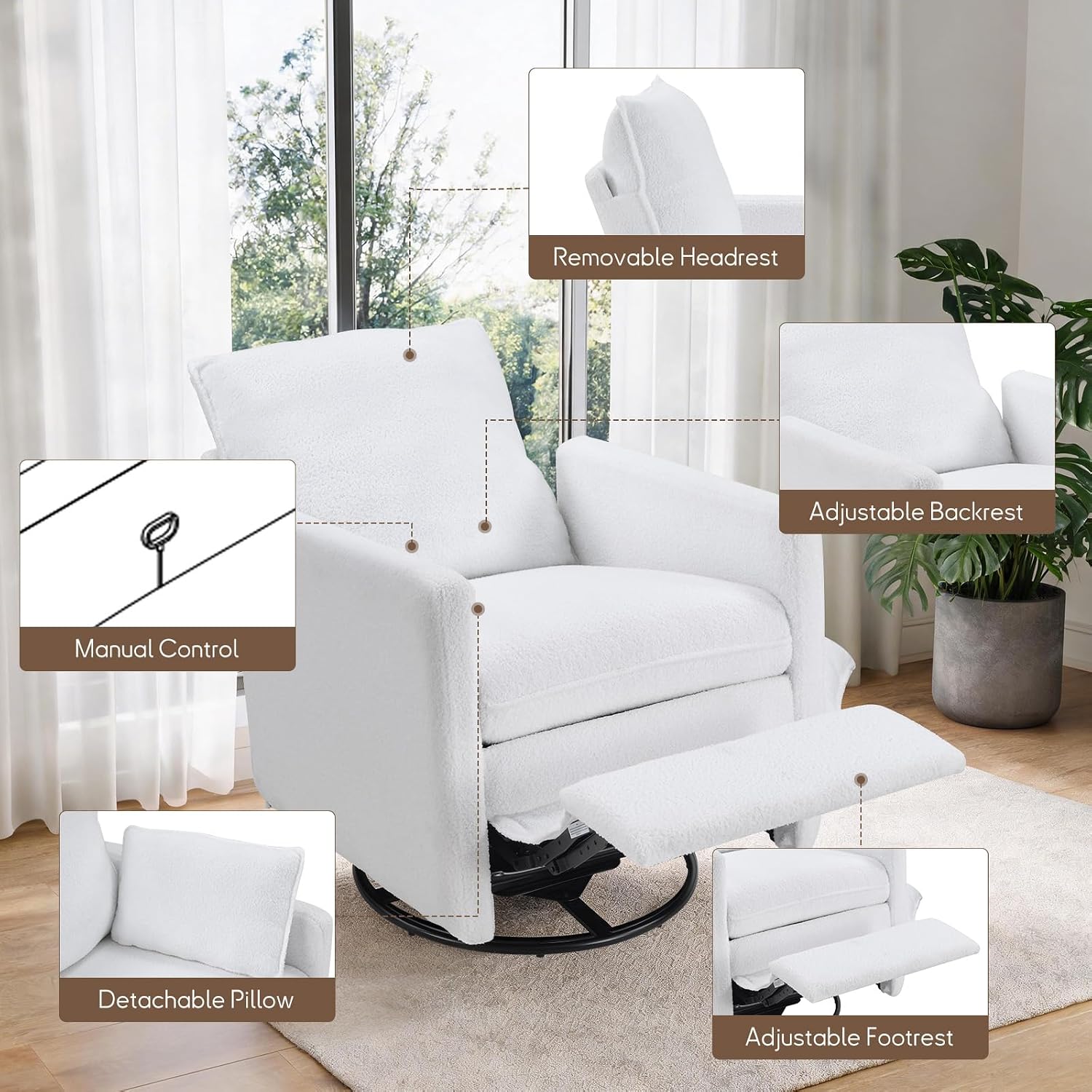 CANMOV Swivel Rocker Recliner Chair, Teddy Upholstered Nursery Glider Chair, Manual Reclining Chair with Two Removable Pillows for Living Room (White)