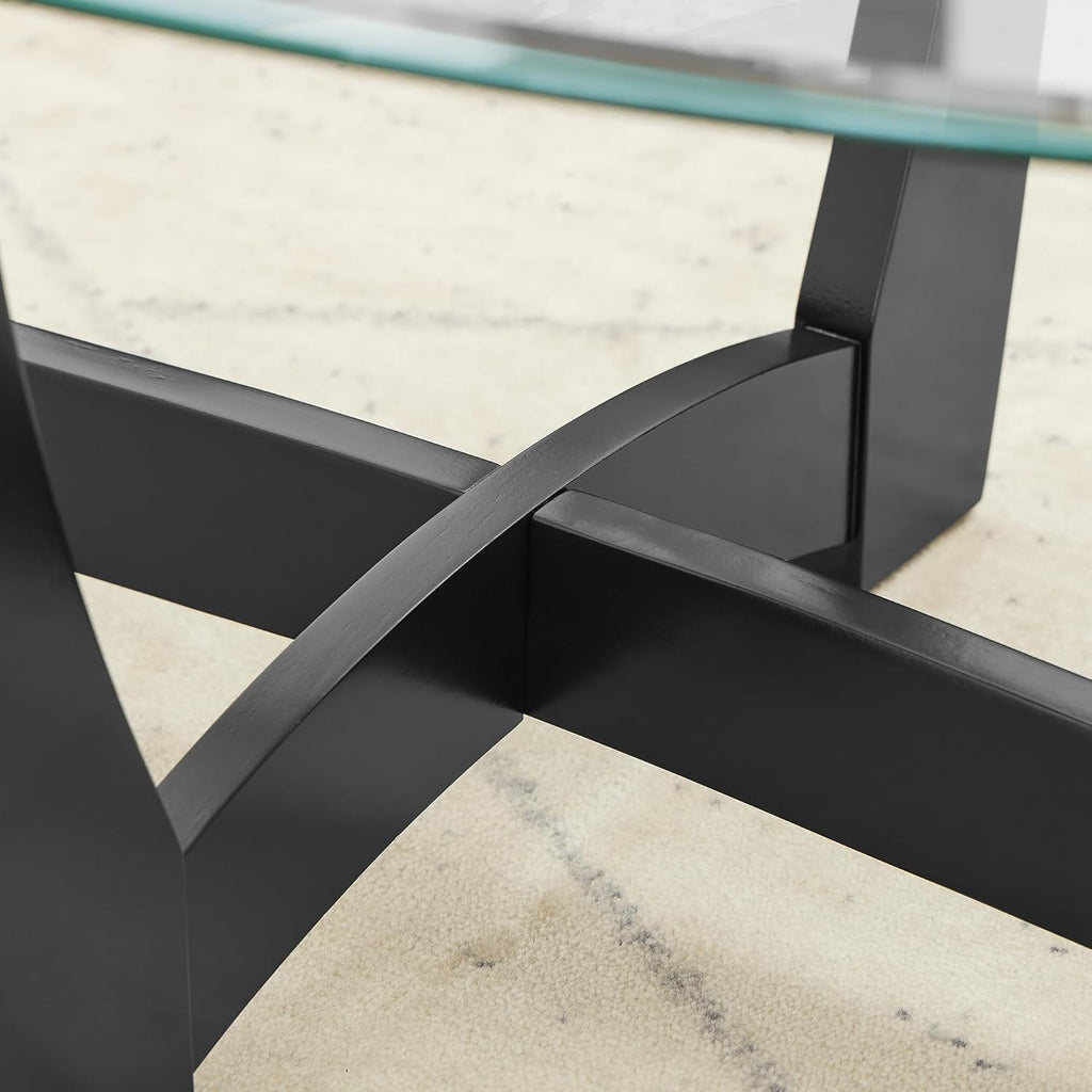 Round End Table with Clear Tempered Glass Top, Black Wood Base, 23.5 Inch, Contemporary Side Table for Living Room