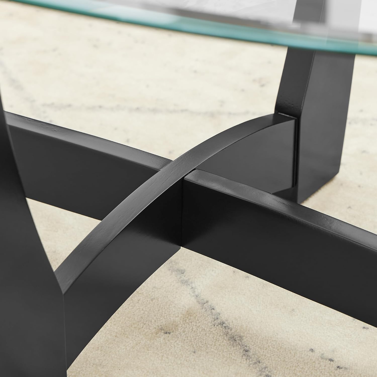 Round End Table with Clear Tempered Glass Top, Black Wood Base, 23.5 Inch, Contemporary Side Table for Living Room
