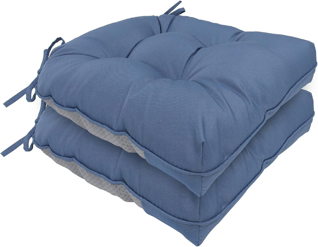 Chair Cushions for Dining Chairs Set of 2 Non Slip Cushions for Kitchen Chairs 4" Thick Seat Cushions 2 Pack Waterproof Chair Pads for Dining Room Indoor with Ties 16.5"x16.5" Tufted Memory Foam Blue