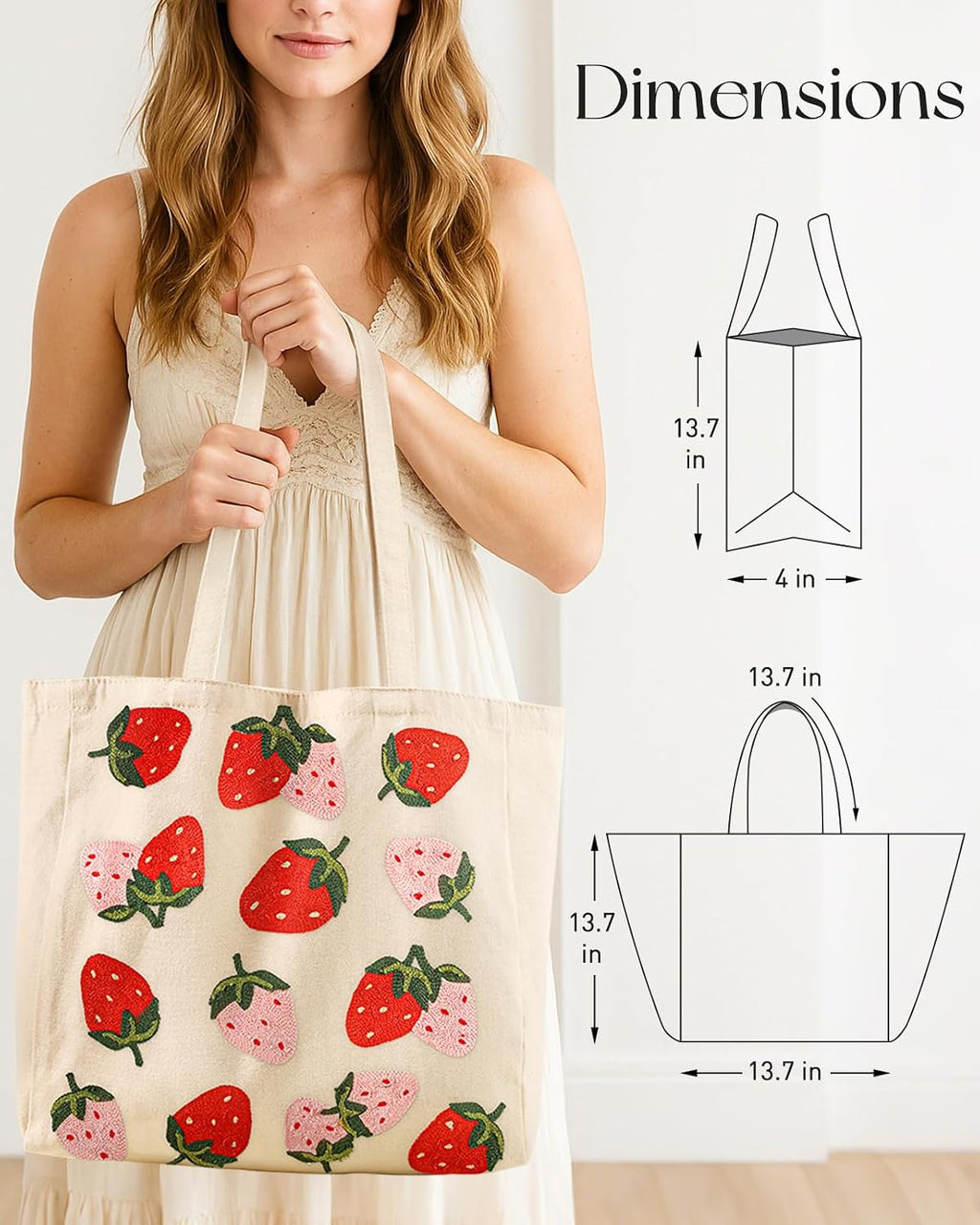 Miss Adola Embroidery Tote Bag with Pocket & Buckle - Reusable Canvas Tote for Women Cute Aesthetic Work Shopping Grocery Bag