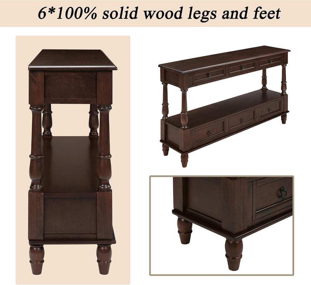 Knocbel Console Table with 6 Storage Drawers and Bottom Shelf, Vintage Sofa Table with Solid Wood Frame and Legs for Entryway Living Room, 54" W x 13.5" D x 32" H, Espresso