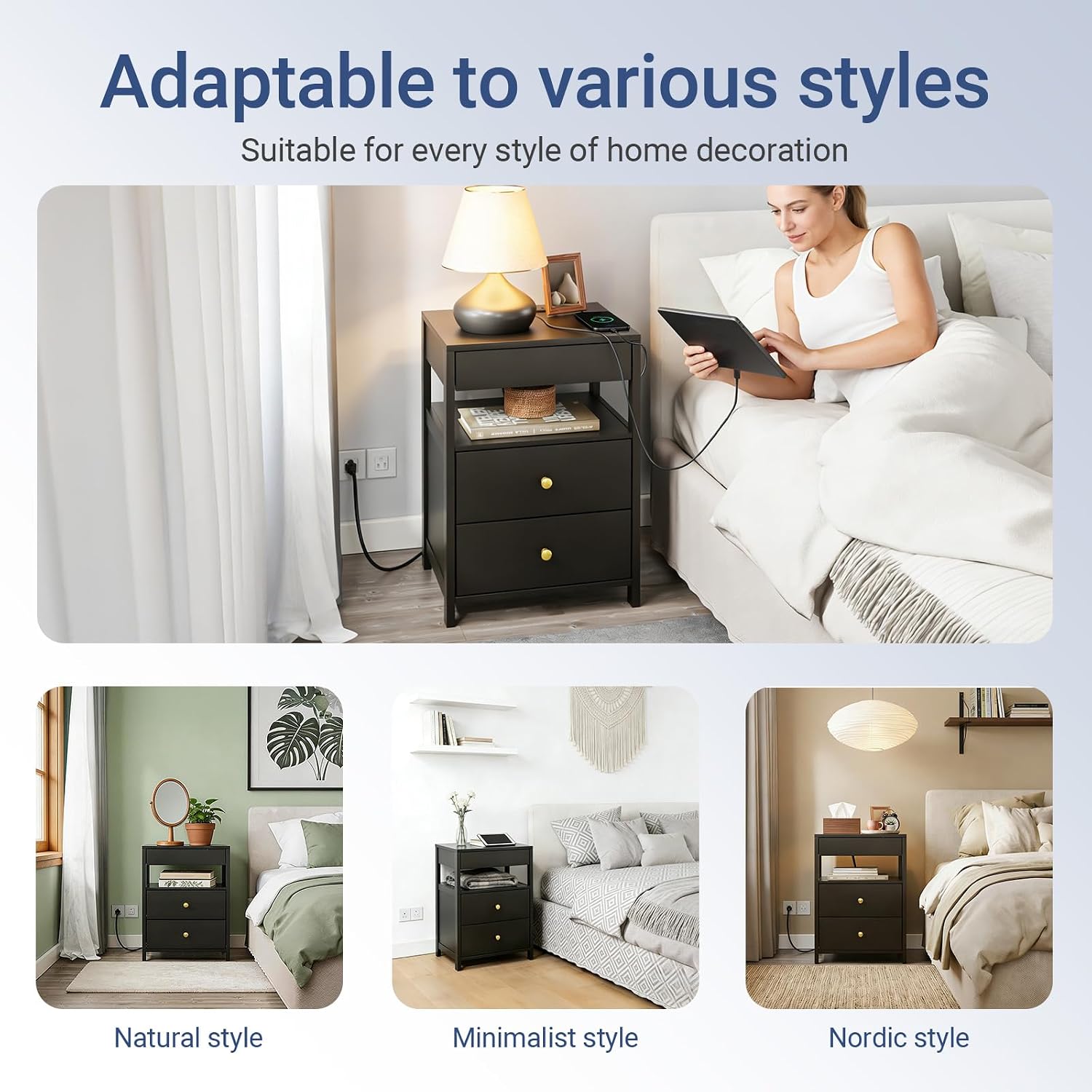 SoBuy Black Nightstand with Charging Station | Bedside Table with 2 Drawers, USB & Type-C Ports, Storage Side Table for Bedroom, Dorm Room, Black, FBT173-SCH