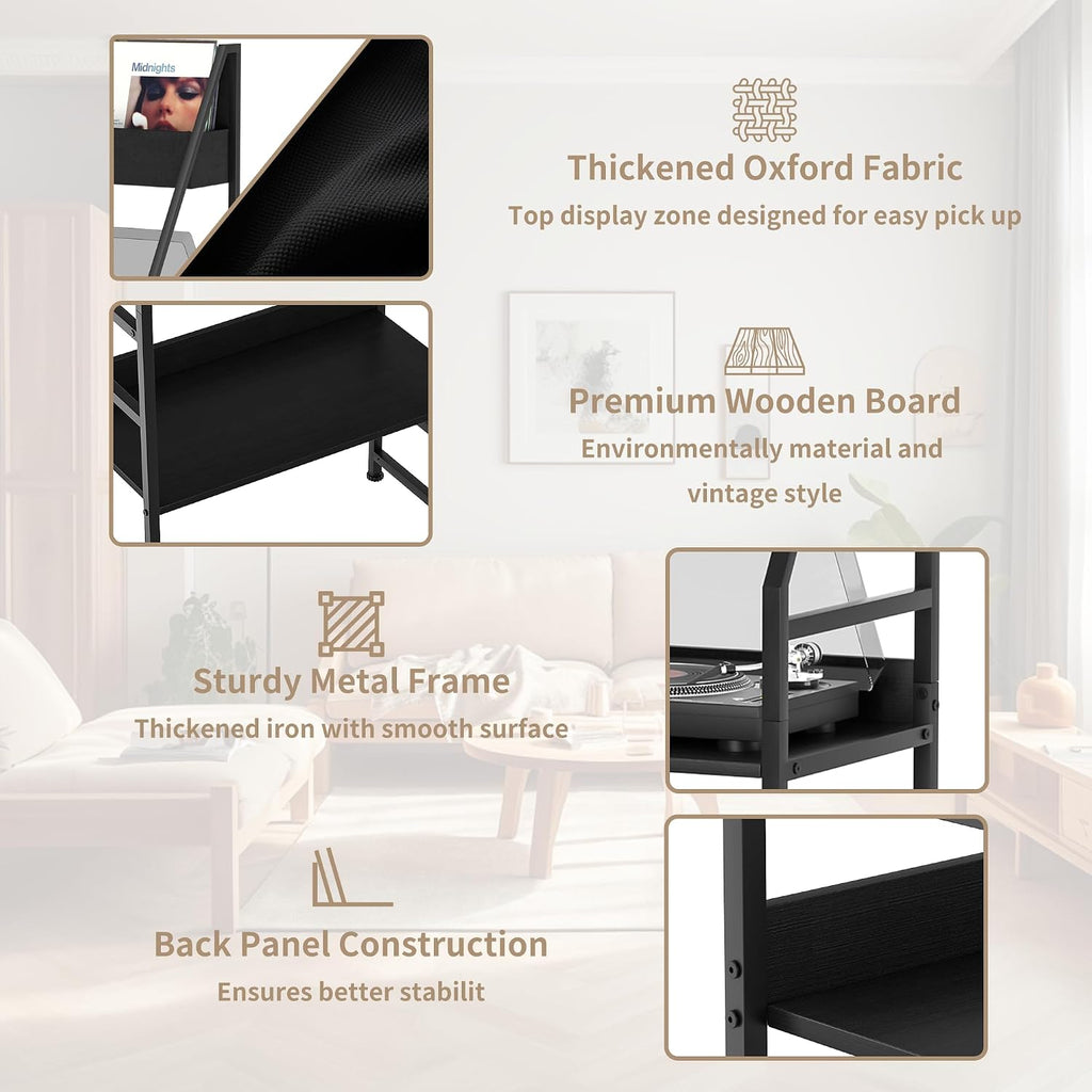 Record Player Stand Shelf for Vinyls Storage, 3 Tier Display Shelf Holds up to 400 Albums, Large Record Holder Console Table Cabinet for Living Room, Black