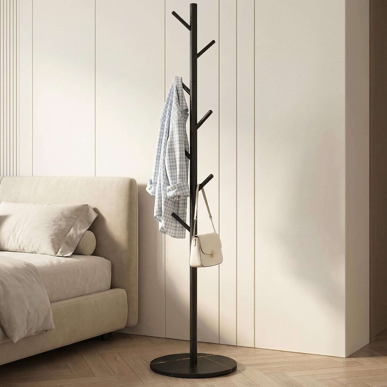 Coat Rack Freestanding with 7 Hooks Modern Hall Tree 3 Adjustable Height | Heavy Duty Metal Clothes Hook Stand with Base for Entryway Bedroom Office for Coats Hats Bags and Purses, Black