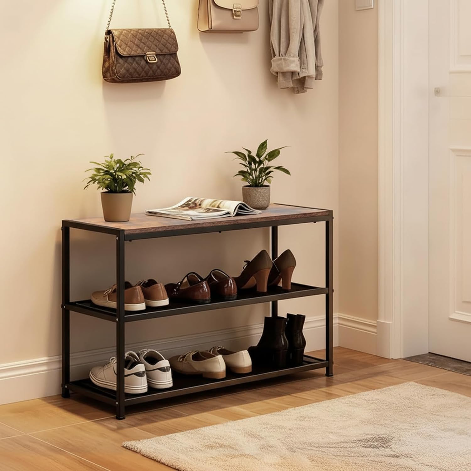DUMOS 3-Tier Shoe Bench with Storage, Industrial Entryway Sturdy Shoe Rack Organizer Bench with Mesh Shelves for Entryway, Hallway & Living Room, Easy Assembly, Brown and Black