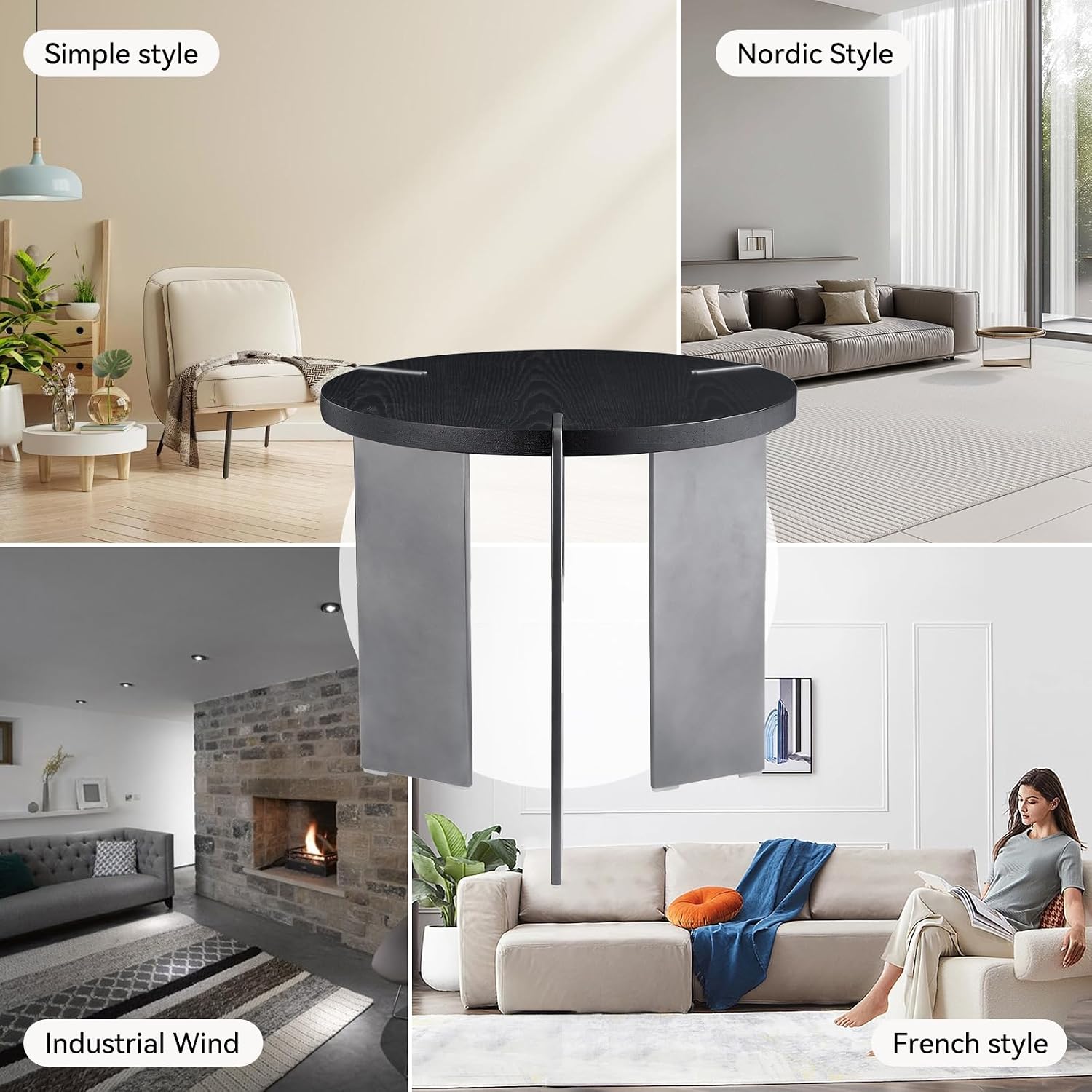 Round Side Table, Walnut End Table with Metal Legs, Small Bedside Table for Small Spaces, Wood Grain Top Accent Table with Non-Slip Feet Pads for Living Room, Bedroom(Black, 19.68" D)