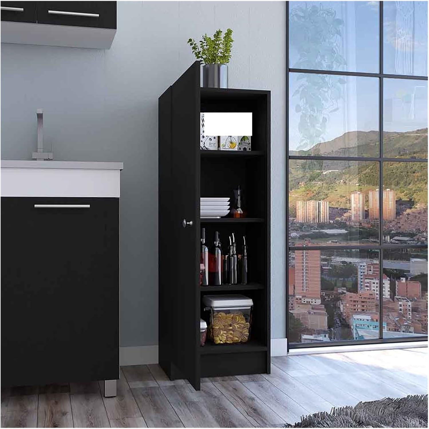 Kitchen Pantry 47" H, One Door Cabinet, Four Interior Shelves, Black ﻿,for Kitchen