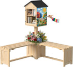 DTK Little Free Library Kit with Planter & Dual Benches,Outdoor Library Box with Clear Door & Waterproof Roof,DIY Paintable Lending Library,L-Shaped or Side Seating for Yard Garden Community