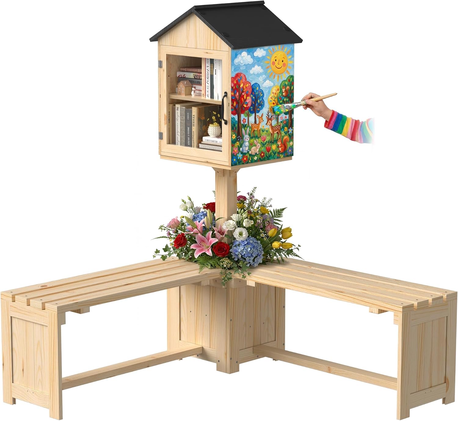 DTK Little Free Library Kit with Planter & Dual Benches,Outdoor Library Box with Clear Door & Waterproof Roof,DIY Paintable Lending Library,L-Shaped or Side Seating for Yard Garden Community
