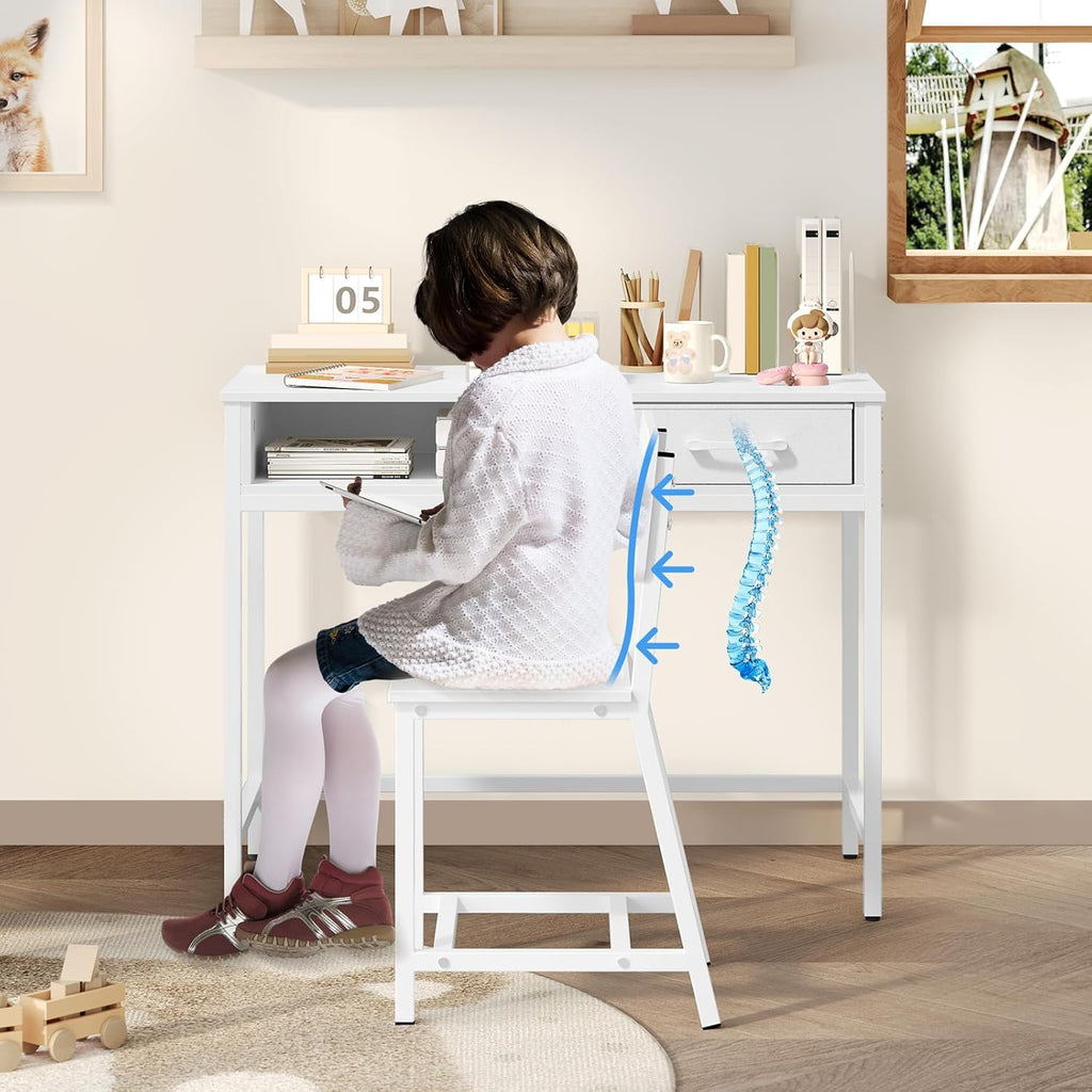 MAHANCRIS Kids Desk and Chair Set, Student Writing Desk, Kids Study Desk with Book Sorter and Fabric Drawer, Kids Wooden Study Table, for Study, Kids Room, Bedroom, White KDBW11901N1