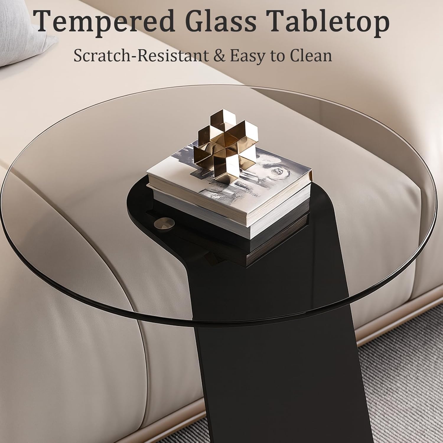 Modern C-Shaped End Table, Tempered Glass Tabletop Couch Side Table, Black Round C Table for Living Room, Bedroom, or Sofa Side – Stylish Accent Table (Grey)