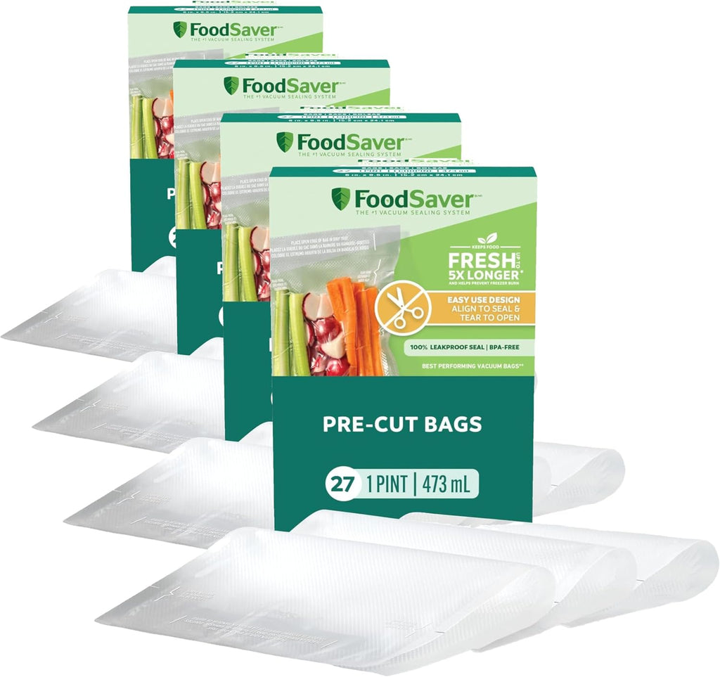 FoodSaver Pint Pre-Cut Vacuum Seal Bags, Easy Use Vacuum Storage Bags, Align to Seal and Tear to Open Vacuum Sealer Storage Bags, 108 Pack