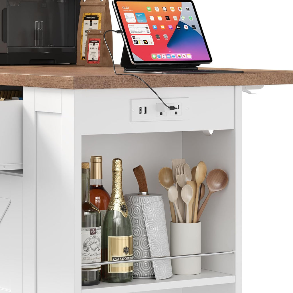 Keyluv Kitchen Storage Island with 2 Stools, 51.2” Mobile Kitchen Cart with Drop Leaf & Power Outlet, Rolling Island Table Dining Room Buffet with 2 Drawers & Side Storage Rack &Towel Rack, White