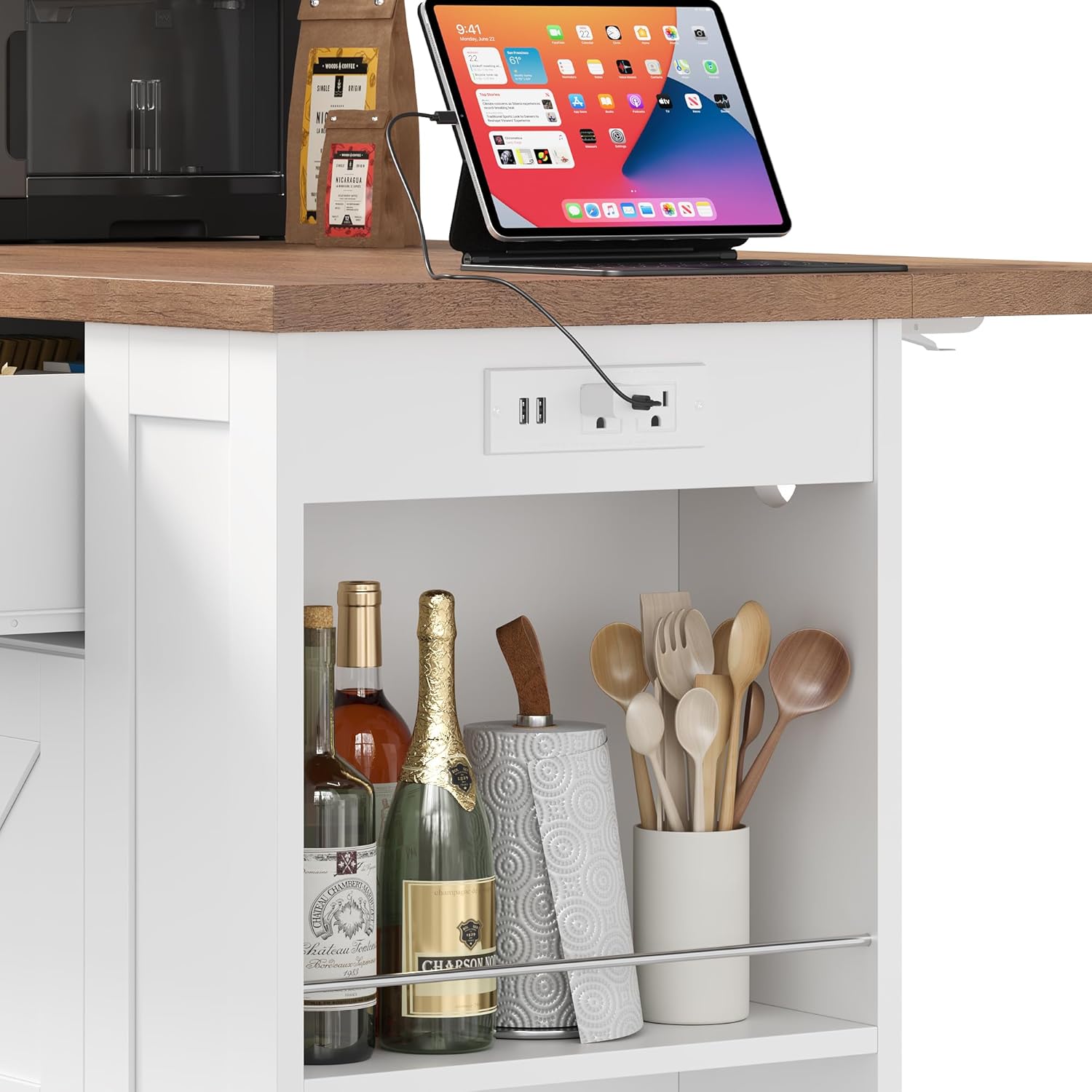 Keyluv Kitchen Storage Island with 2 Stools, 51.2” Mobile Kitchen Cart with Drop Leaf & Power Outlet, Rolling Island Table Dining Room Buffet with 2 Drawers & Side Storage Rack &Towel Rack, White