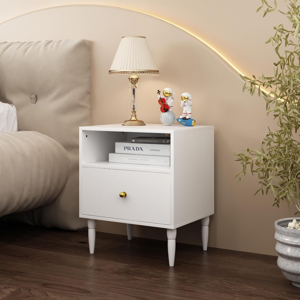 Modern White Nightstand with Drawer & Open Shelf - Gold Knob Bedside Table for Bedroom & Living Room (White)