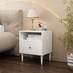 Modern White Nightstand with Drawer & Open Shelf - Gold Knob Bedside Table for Bedroom & Living Room (White)