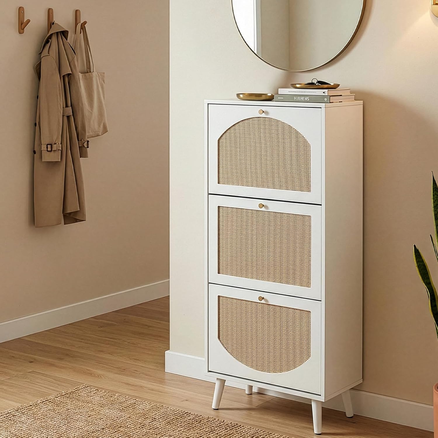 Karl home Shoe Rack Storage Organizer, Rattan-Panel 3-Tilt-Out Shoe Storage Cabinet, Hidden Shoe Storage for Entryway,Ideal for Heels,Slippers,Casual Shoes, White