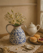 Blue and White Ceramic Vase with Handle – 7.28 Inch Vintage Crackle Glaze Pitcher Style Flower Vase, Chinoiserie Tuscan Decorative Jug for Shelf, Desk, Home Decor