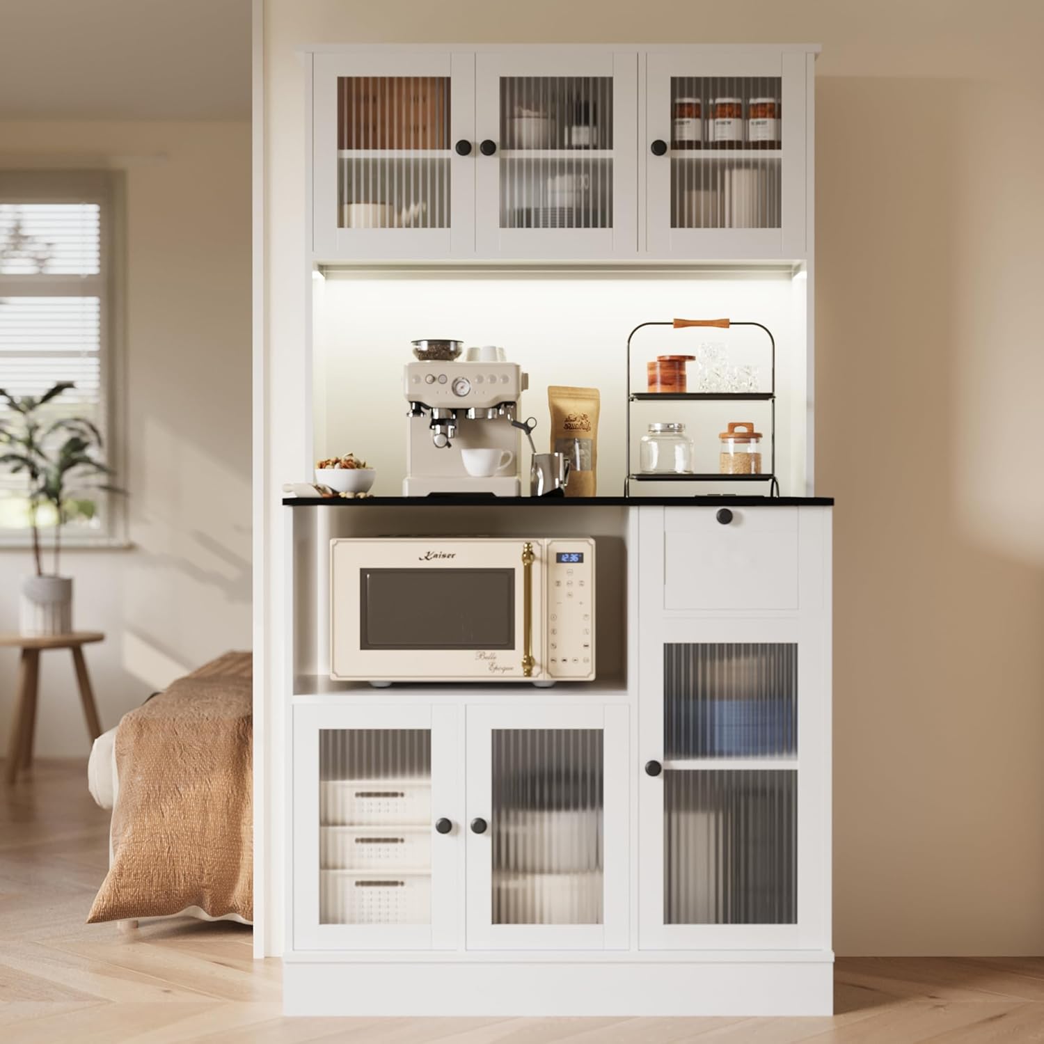 71" Kitchen Hutch Cabinet, White and Walnut Tabletop | for Living & Dining Room, Kitchen Pantry Cabinet with LED Light & Outlet, White Cabinet with Walnut Tabletop