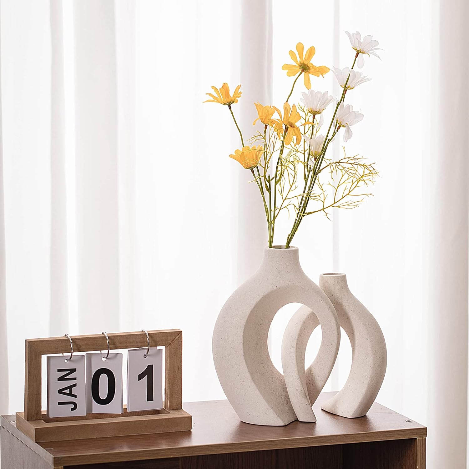 Levvohd Hollow Ceramic Vase Set of 2, Modern Nordic Minimalist Book Style Boho Aesthetic Vases for Home Decor Living Room Shelf Entryway Coffee Centerpiece Table Decorative (Cream White)