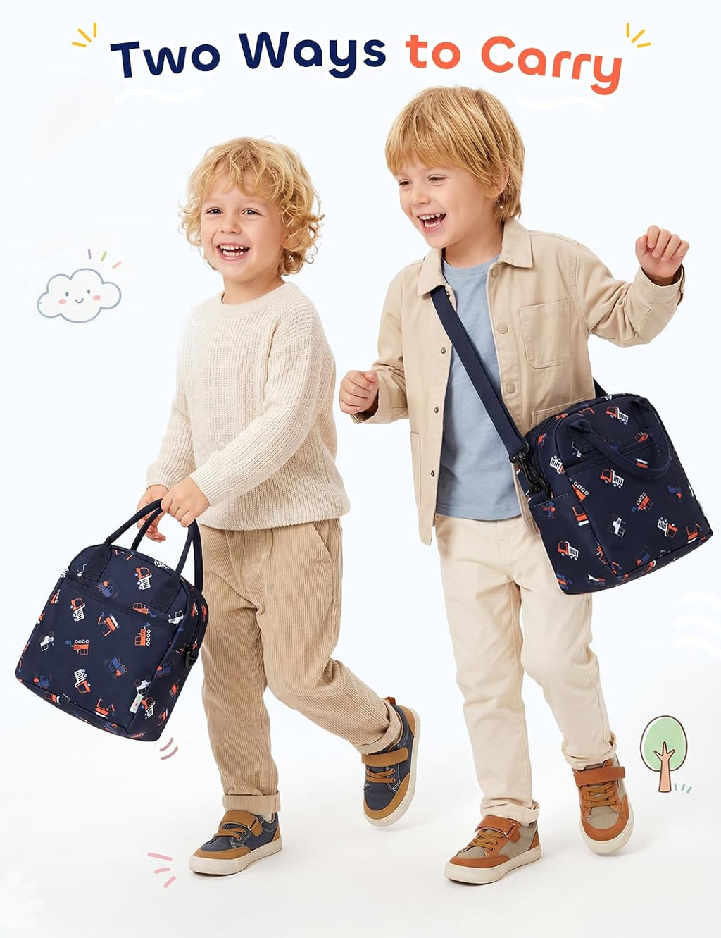 VASCHY Lunch Box Bag for Kids, Insulated Lightweight Lunch Box Tote for Toddler Boys School Daycare Kindergarten Construction Blue