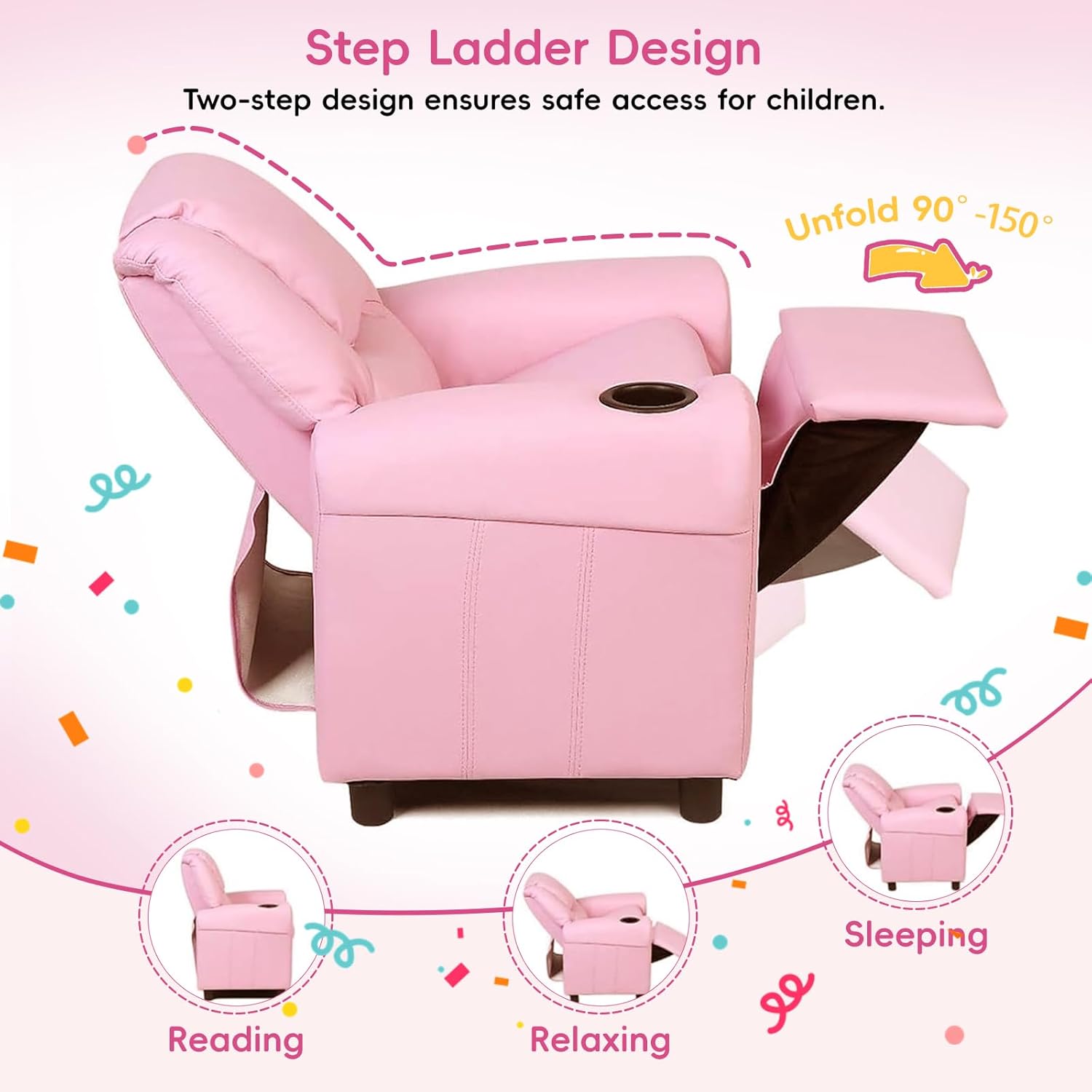 Toddler Recliner Chair for Kids Ages 1-4 – PU Leather Upholstered Kids Sofa with Cup Holder, Adjustable Backrest & Footrest, Comfortable Single Armchair for Boys & Girls Bedroom Living Room (Pink)