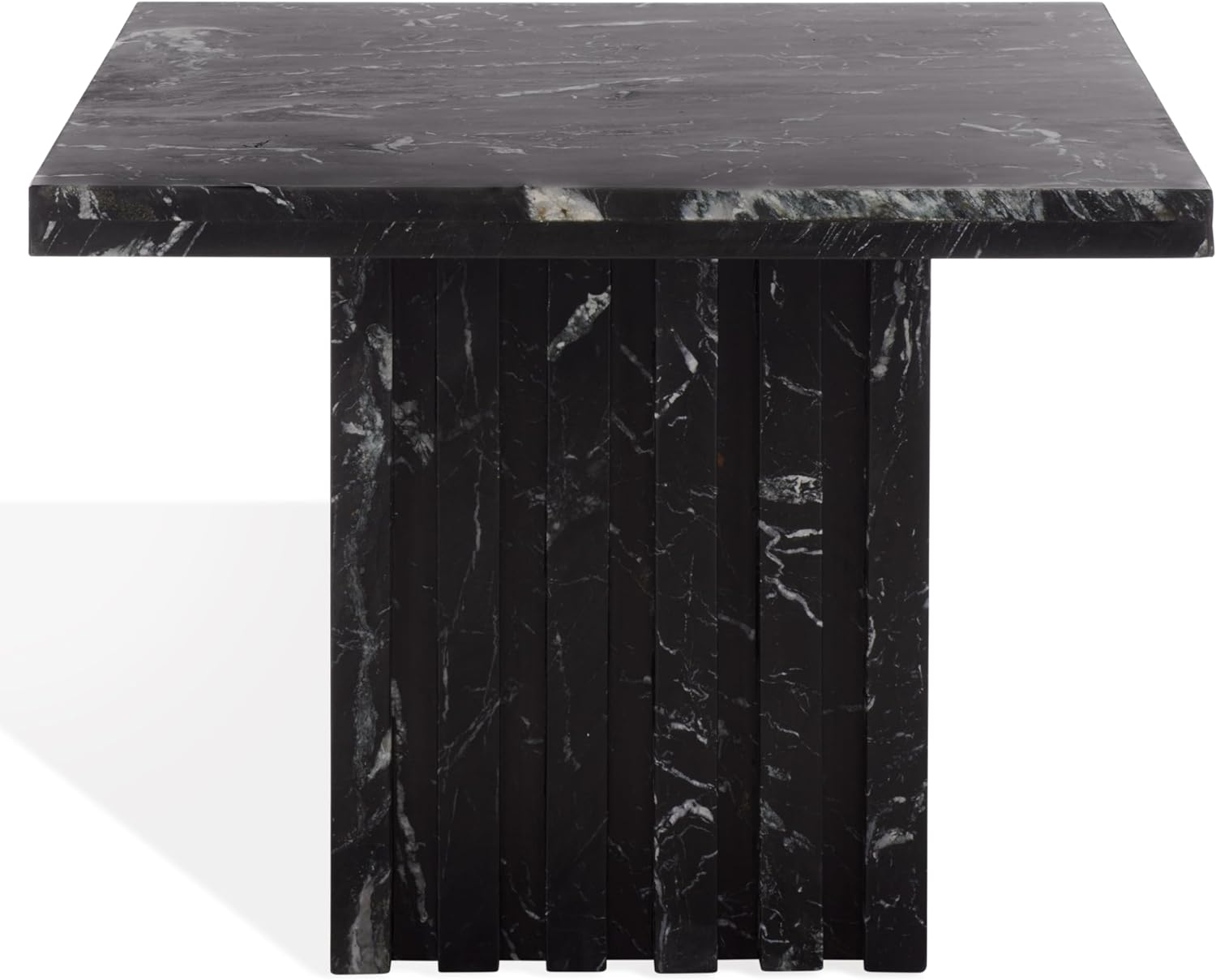 SAFAVIEH Couture Collection – Olivia Black Square Travertine Accent Table, Sculptural Pedestal Display Table (SFV9701C)