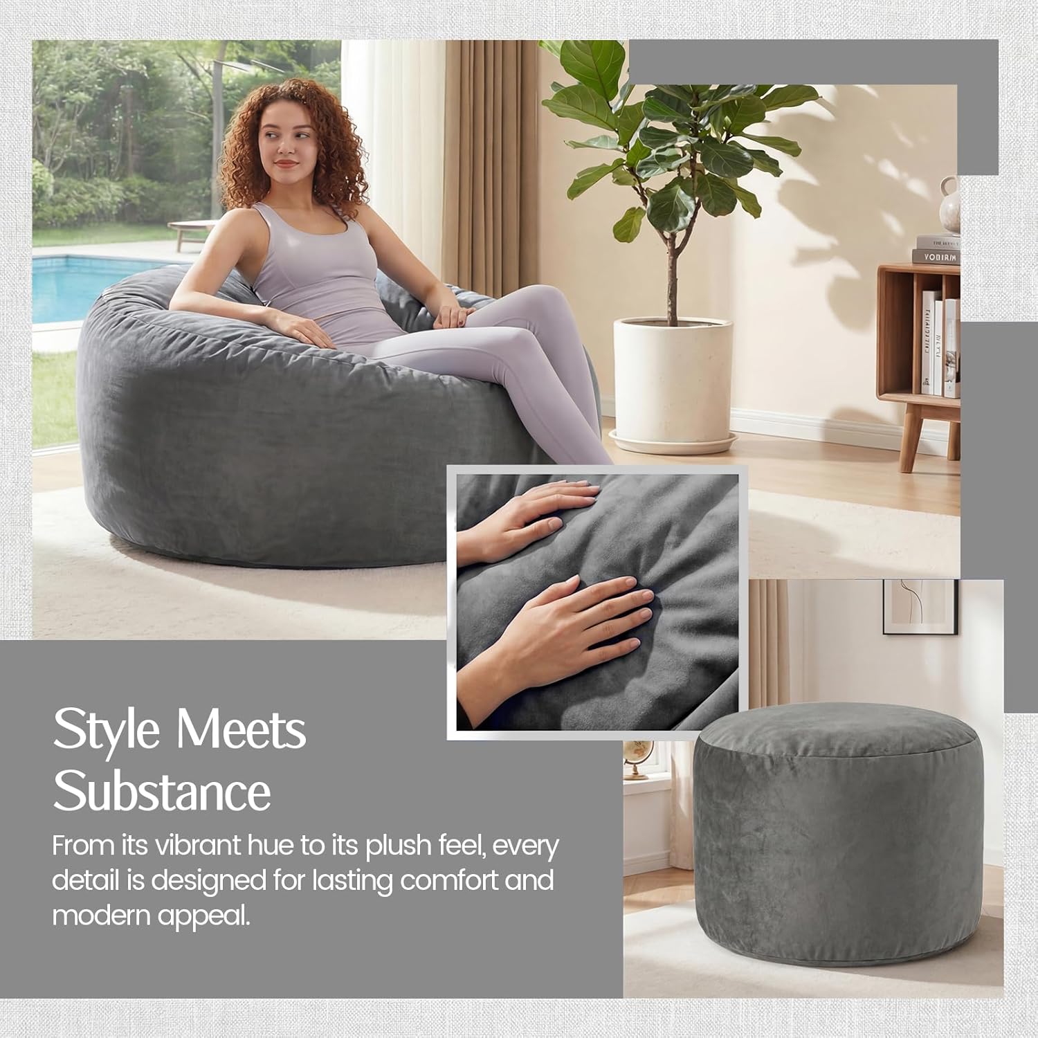 3FT Bean Bag Chair, Medium Memory Foam Bean Bags with Ultra Soft Washable Dutch Velvet Cover, BeanBags for Living Room, Bedroom and Gaming Room -Grey