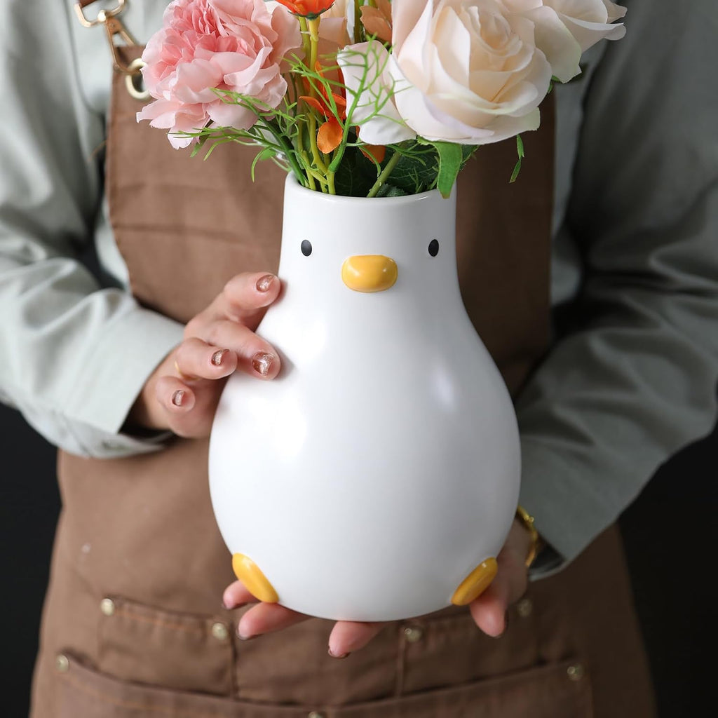 PURROOM Cute Duck 8" Vase, 58 oz Storage Canisters Jar with Wooden Lid for Kitchen Counter Decor, White Ceramic Modern Flower Vase for Home Office Shelf Decoration.