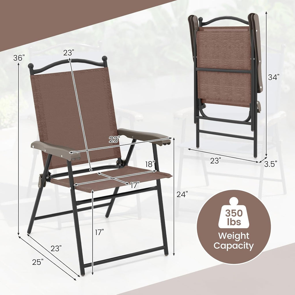 Giantex Set of 2 Patio Folding Chairs, Outdoor Patio Dining Chairs w/Armrest, Sling Back, Metal Frame, Outside Use for Lawn Camping Garden Pool Beach Yard Lounge, No Assembly, Brown