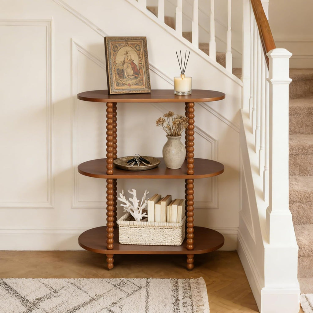 Modern Small Console Table, 3-Tier Oval Narrow Entryway Table with Storage Shelves, Wood Farmhouse Skinny Side Tables for Hallway, Behind Couch, Living Room and Bedroom, Walnut
