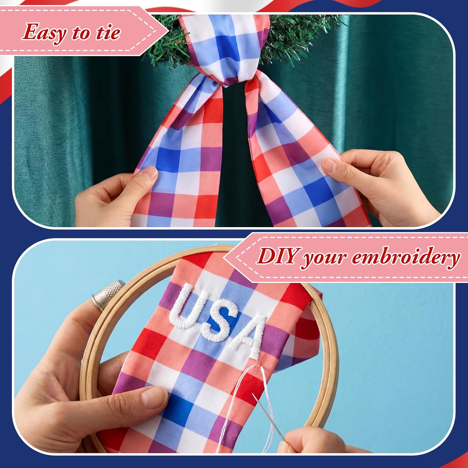 VitalCozy 4th of July Check Wreath Sash for Front Door Wreath Satin Sash Red Blue White Patriotic Embroidery Monogram Garland Ribbon Accessories 250th Anniversary Independence Day Party Indoor Outdoor