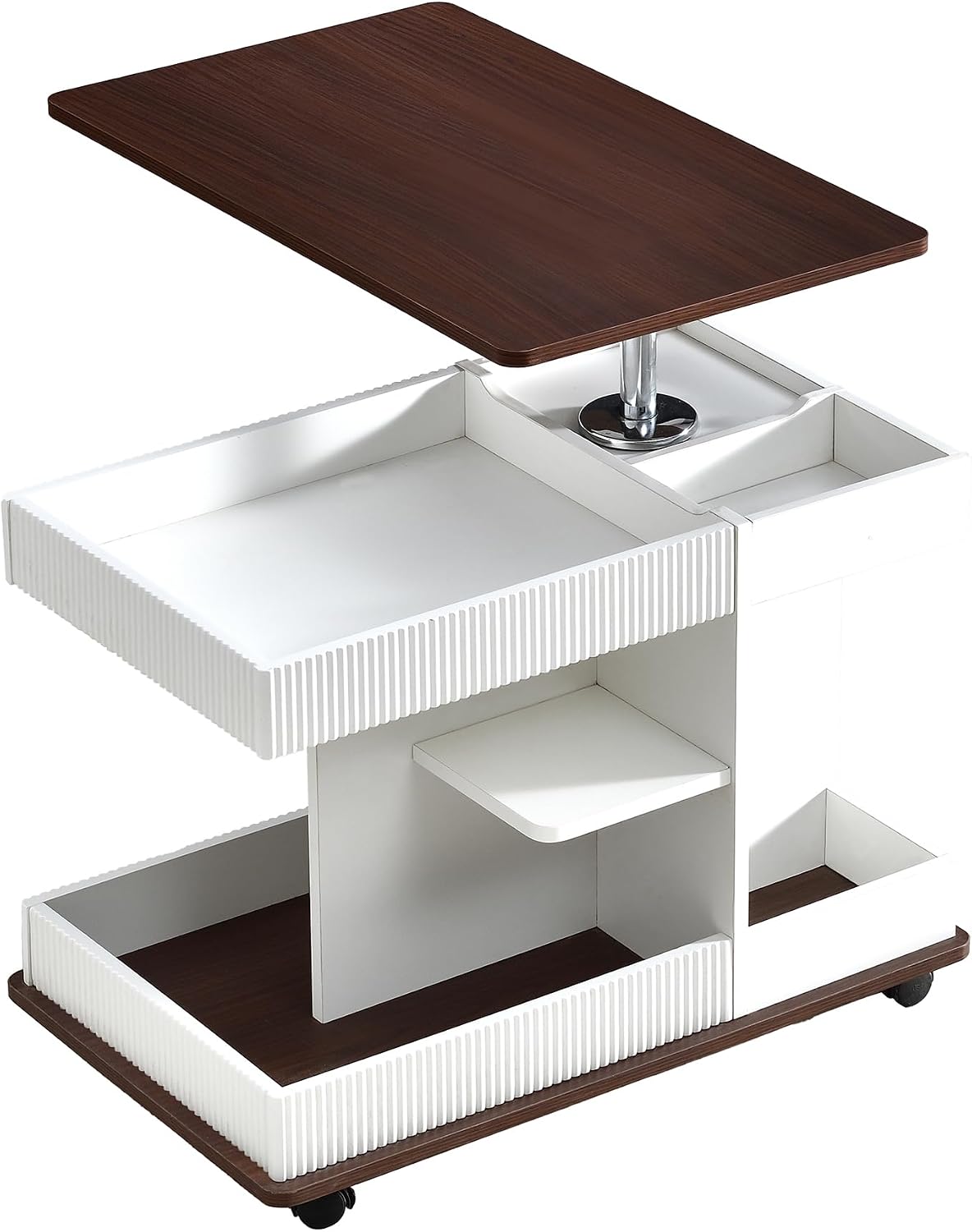 Adjustable Lift Top End Table with Wheels, Modern Multifunctional Sofa Side Table with 360 Degrees Rotating Top, Storage Space for Living Room, Small Space, Brown