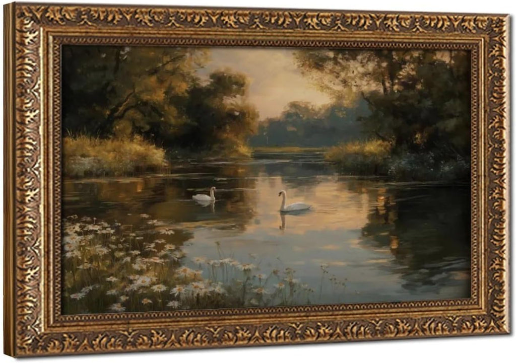 Swan Lake Landscape Oil Painting Vintage Gold Frame Framed Canvas Wall Art for Living Room Bedroom Office Dining Room Entryway Home Decor Ready to Hang 18x12 Inch