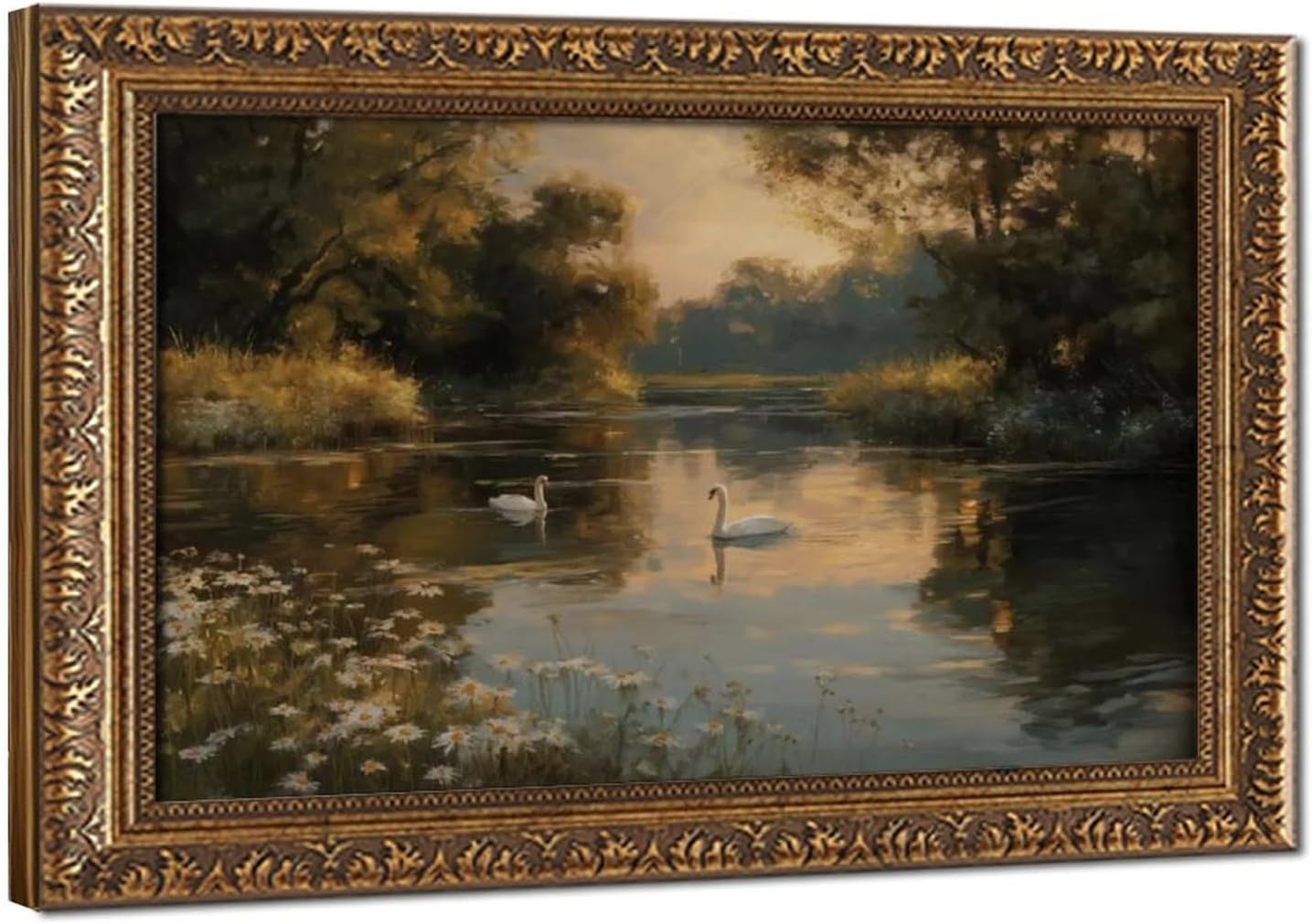 Swan Lake Landscape Oil Painting Vintage Gold Frame Framed Canvas Wall Art for Living Room Bedroom Office Dining Room Entryway Home Decor Ready to Hang 18x12 Inch