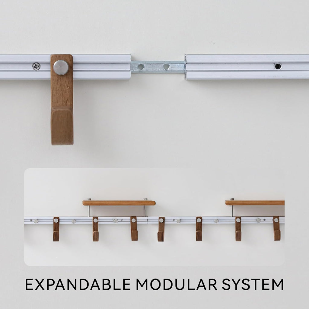 Wall Mounted Coat Rack with Shelf, Modular Entryway Hooks Organizer, Adjustable Aluminum Rail with Wooden Hooks, Expandable Storage for Entryway, Hallway, Mudroom