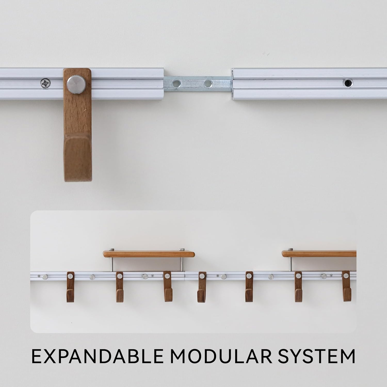 Wall Mounted Coat Rack with Shelf, Modular Entryway Hooks Organizer, Adjustable Aluminum Rail with Wooden Hooks, Expandable Storage for Entryway, Hallway, Mudroom